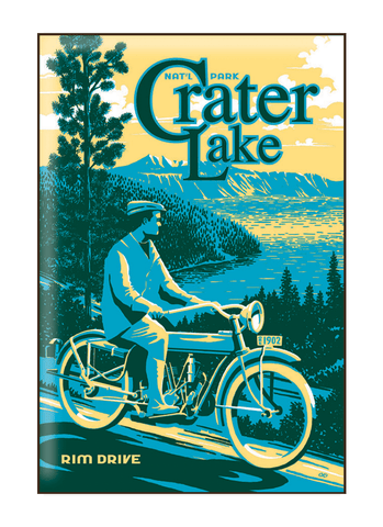 Vintage-style illustration of man on motorcycle at Crater Lake National Park