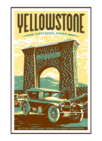 Illustration of vintage car at Roosevelt Arch in Yellowstone National Park