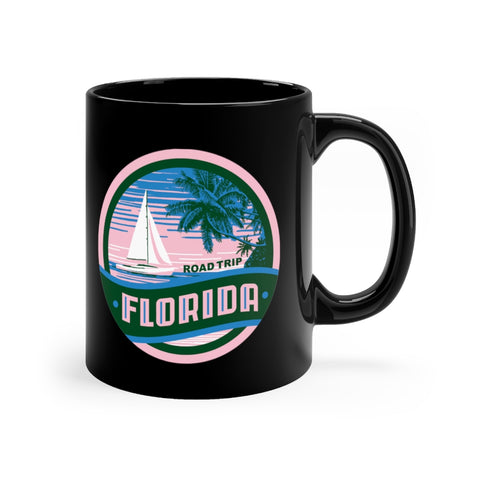Front view of black mug with Florida Road Trip logo