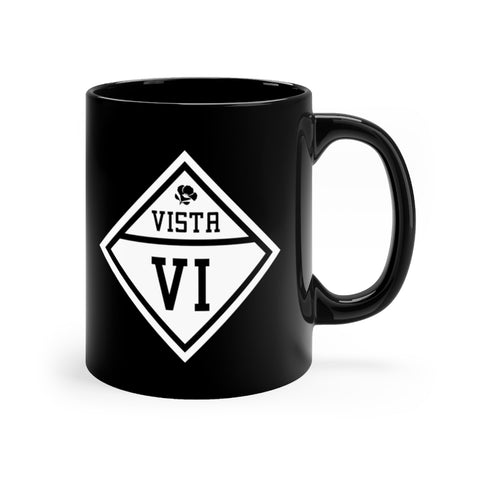 Front view of black mug with Vista logo