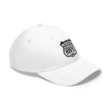 White baseball hat with Scenic Hwys logo embroidered on front
