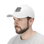Man wearing white baseball hat with Scenic Hwys logo embroidered on front