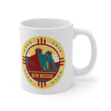 Front view of white mug with New Mexico Road Trip logo