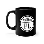 Front view of black mug with Plateau logo