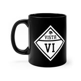 Front view of black mug with Vista logo