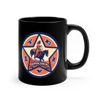 Front view of black mug with Texas Road Trip logo