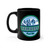 Front view of black mug with Colorado road trip logo