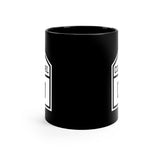 Side view of black mug with Colonial logo