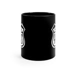 Side view of black mug with Scenic Hwys logo
