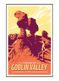 Vintage-style illustration of man visiting Goblin Valley State Park