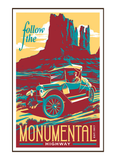 Illustration of vintage car driving through Monument Valley