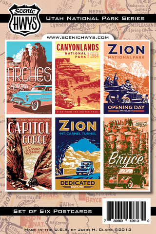 Six vintage-style illustrations of Utah National Parks