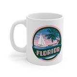 Front view of white mug with Florida Road Trip logo