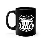 Front view of black mug with Scenic Hwys logo