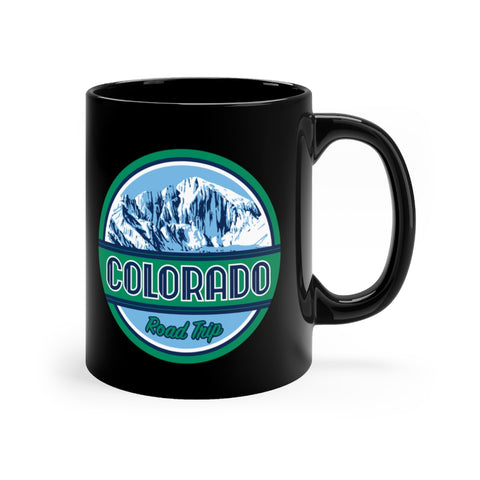 Front view of black mug with Colorado road trip logo