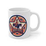 Front view of white mug with Texas Road Trip logo