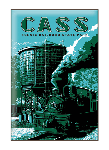 Vintage-style illustration of train at Cass Scenic Railroad State Park