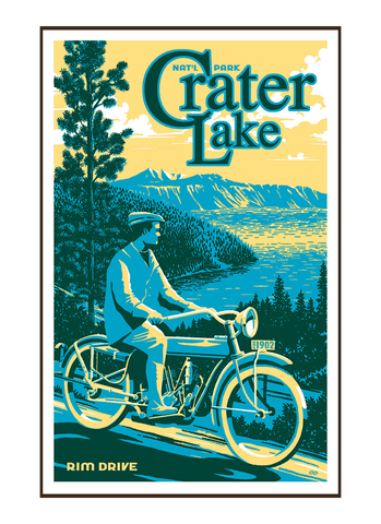 Vintage-style illustration of man on motorcycle at Crater Lake National Park