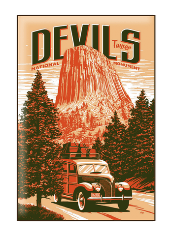 Illustration of vintage car at Devils Tower National Monument