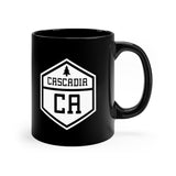 Front view of black mug with Cascadia logo