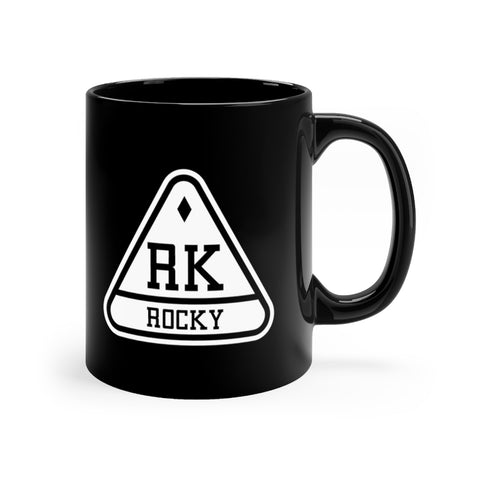 Front view of black mug with Rocky logo