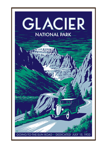 Illustration of vintage car at Glacier National Park