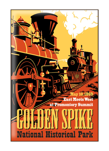 Vintage-style illustration of trains at Golden Spike National Historical Park