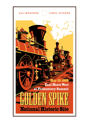 Vintage-style illustration of trains at Golden Spike National Historical Park