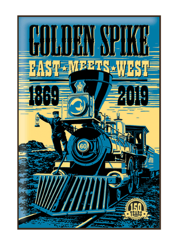 Vintage-style illustration of train at Golden Spike National Historical Park