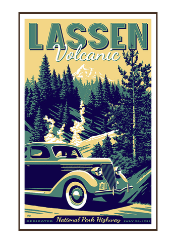 Illustration of vintage car at Lassen Volcanic National Park