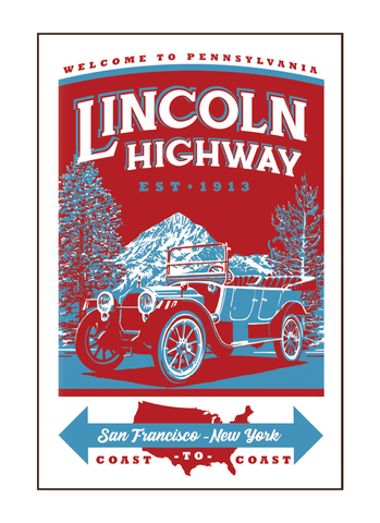 Illustration of vintage car driving on the Lincoln Highway