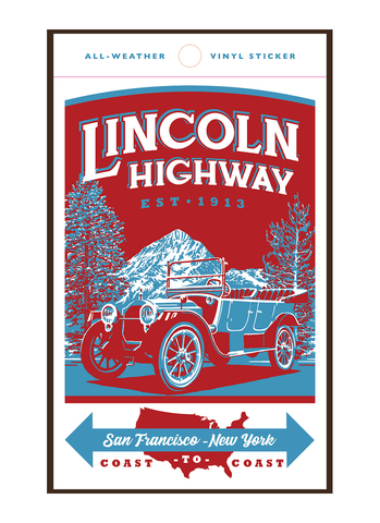 Illustration of vintage car driving on the Lincoln Highway
