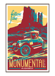 Illustration of vintage car driving on the Monumental Highway