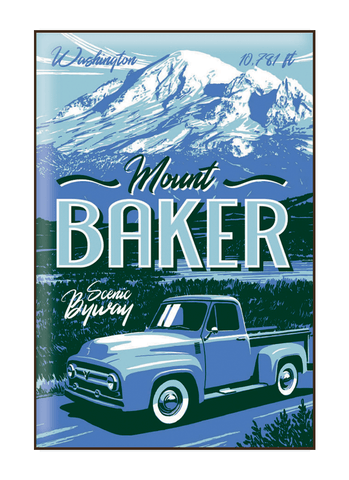 Illustration of vintage car driving by Mount Baker
