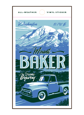 Illustration of vintage car driving by Mount Baker