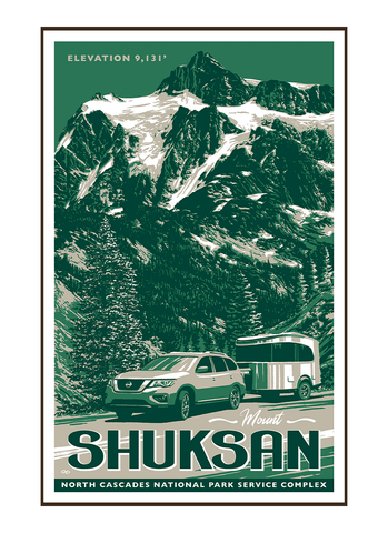 Illustration of vintage car at Mount Shuksan in North Cascades National Park