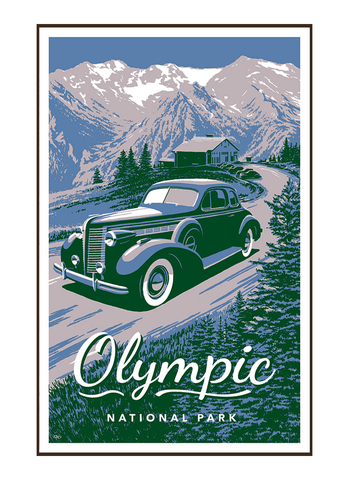 Illustration of vintage car at Hurricane Ridge in Olympic National Park