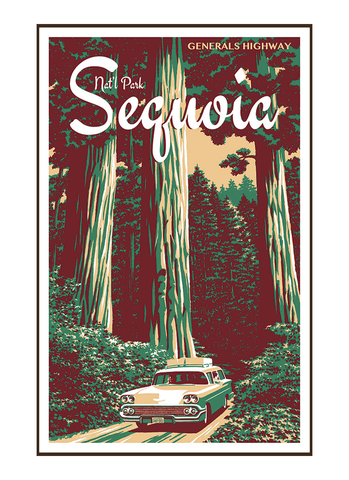 Illustration of vintage car and tall trees at Sequoia National Park