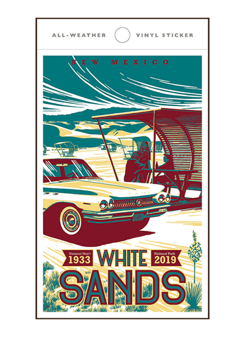 Illustration of vintage car and family picnic at White Sands National Park