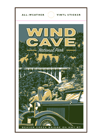 Illustration of vintage car and family at Wind Cave National Park