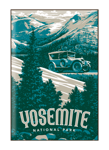 Illustration of vintage car at Yosemite National Park